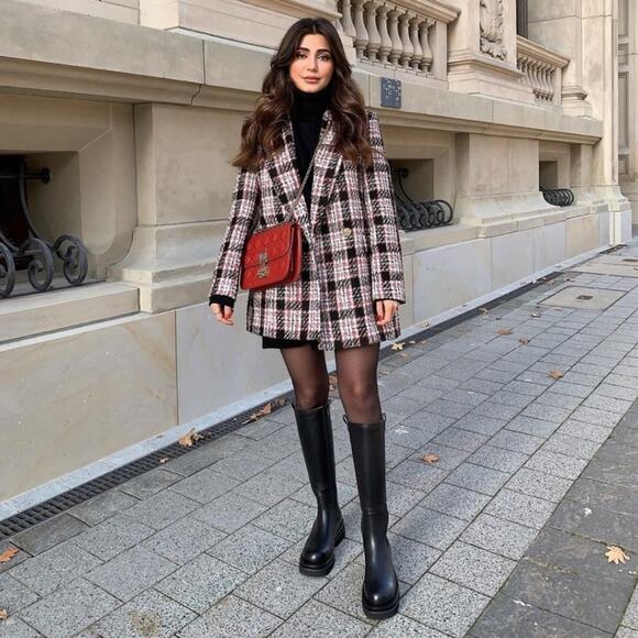 Zara Blogger Black Red Tweed Plaid Double Breasted Blazer. - Picture 2 of 16